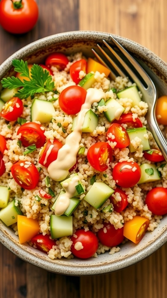 A colorful quinoa salad with vegetables and tahini dressing in a rustic bowl on a wooden table.